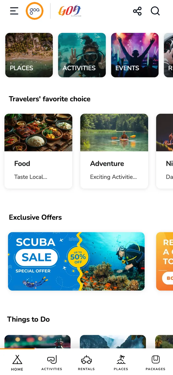 Home screen of the Goa App