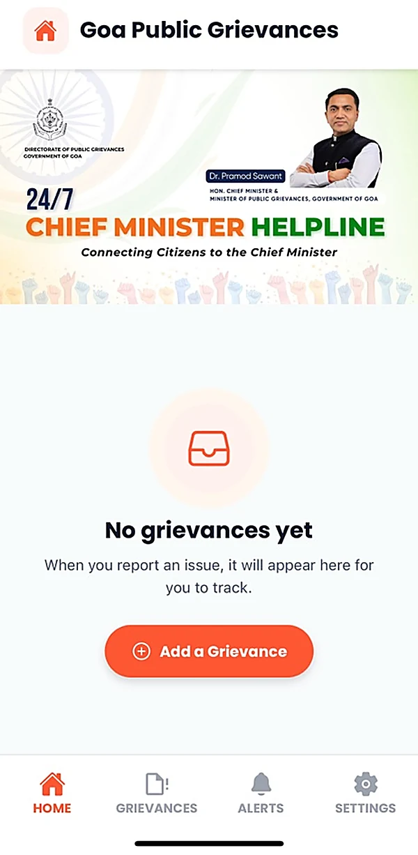 Home before any grievance is filed — “No grievances yet” with an Add a Grievance button